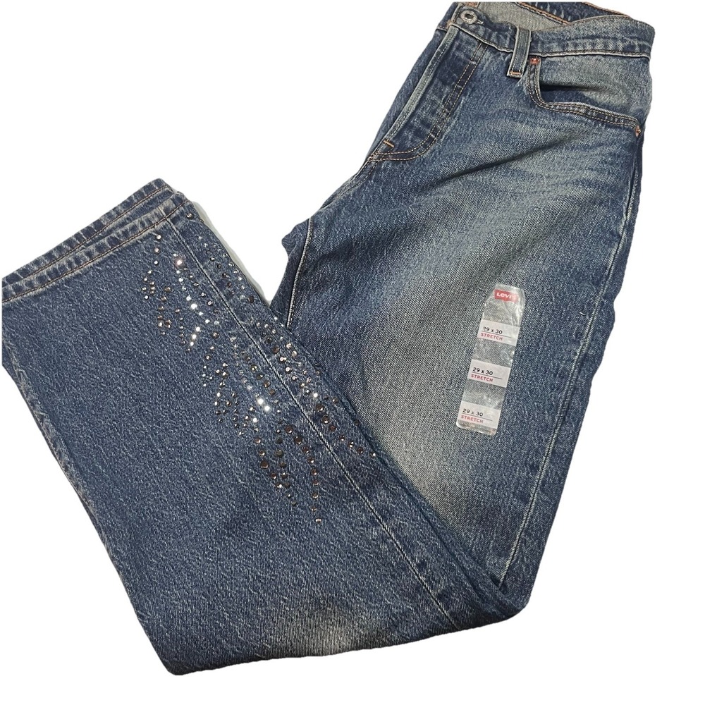 Levis 501 Curve Jeans Womens 29x30 Straight High Rise Stretch Denim Bedazzled